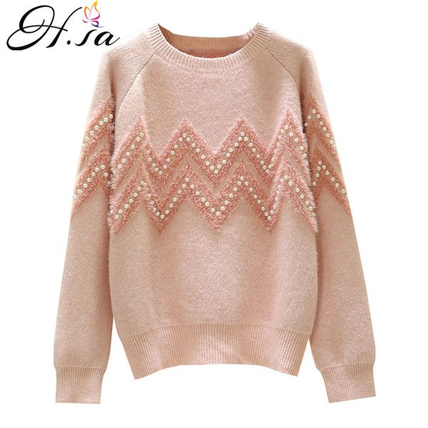 

women's sweaters hsa 2021 women oneck pearl beading loose sweater pink mohair full jumpers spring casual outerwear, White;black