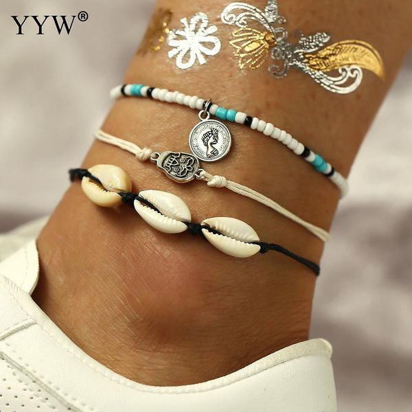 

3pcs bohemia boho women ankle barefoot trumpet shell bracelet ankle on leg summer foot jewelry female accessories ornaments, Red;blue