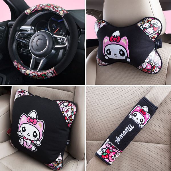 

chsky cute cat car neck pillow seat headrest car seat cover steering covers protector waist pillow auto accessories for girls