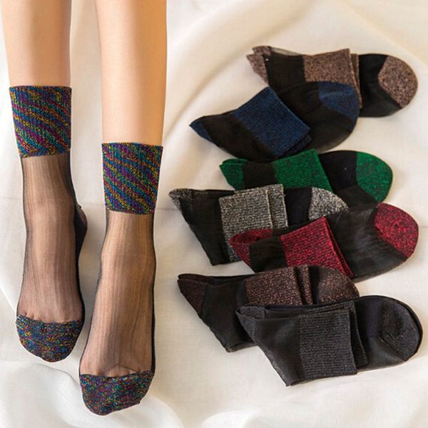 

new summer women ultrathin transparent socks glitter crystal glass silk meias beautiful lace shiny elastic short socks, Black;white