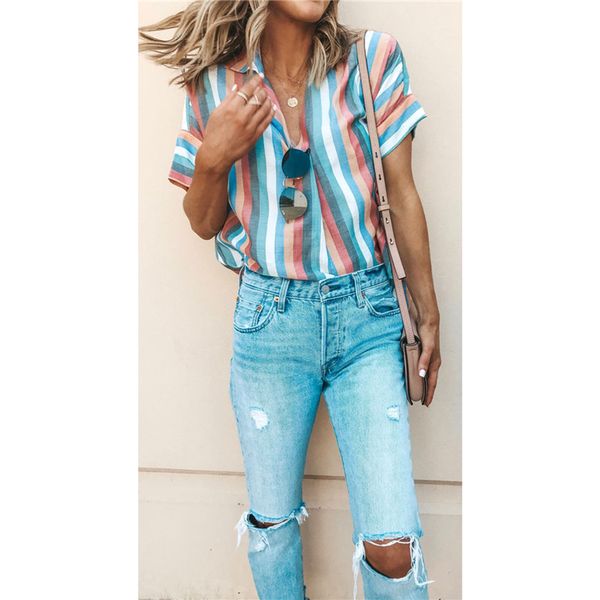 

women's turn-down collar short sleeve shirt colorful striped button blouse casual loose womens and blouse summer plus size, White