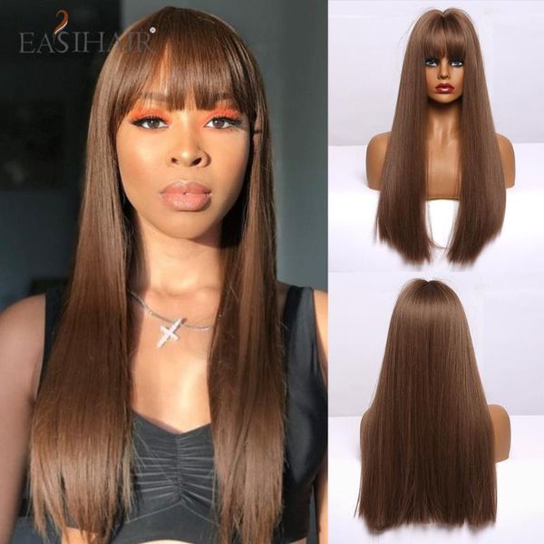 

easihair long silky straight honey brown wigs with full bang heat resistant synthetic wig cosplay lolita for women afro american, Black