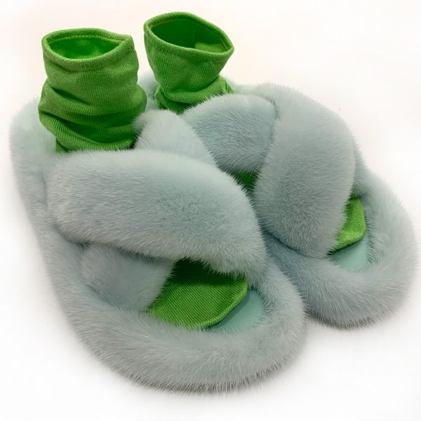 

natural fur slippers women real slipper ladies flat with slippers, Black