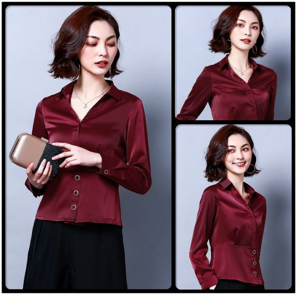 

selling luxury silk button shirts women's long sleeve lapel neck plus size ladies elegant blouses slim office designer shirts, White
