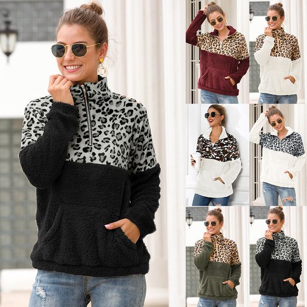 

leopard patchwork fluffy hoodie sweatshirt women zipper coat fleece oversized hoodie winter pullover hoody ladies streetwear clothes, Black