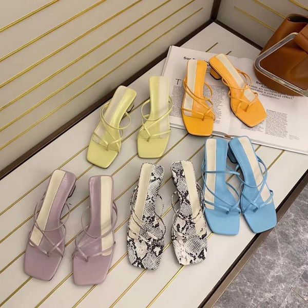 

women slippers mixed color square clip toe slides slippers narrow band hollow slides mules shoes square mid heels flip flops, Black
