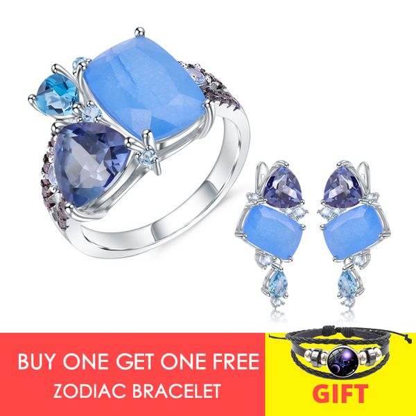 

gem's ballet natural aqua-blue calcedony modern irregular fine jewelry 925 sterling silver ring earrings jewelry set for women, Black