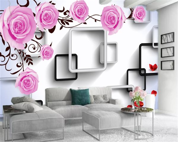 Carta da parati personalizzata con fiori 3d Belle rose rosa con cornice in bianco e nero Carta da parati per decorazione d'interni