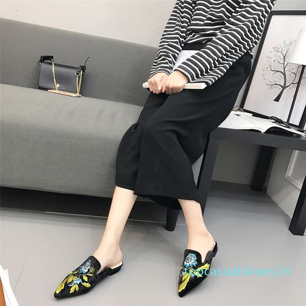 

gold velvet pointed toe slippers embroidery mules flats shoes woman plus size 34-41 leisure slides femme comfy casual flip flops, Black