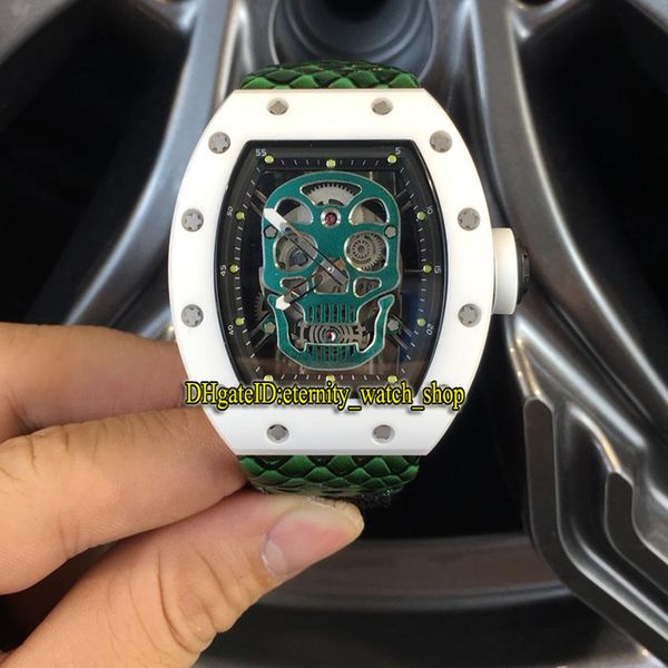 

edition rm 052 ceramic case skull green skeleton dial japan miyota automatic rm052 mens watch snake skin pattern strap sport watches, Slivery;brown