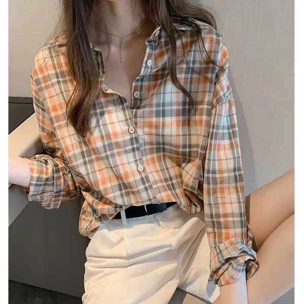 

autumn new retro literary fan plaid shirt women's clothing, White