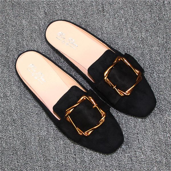 

34-43 plus size square toe women slippers golden metal buckle mules slides shoes woman flock lazy flip flops outdoor shoes ns92, Black