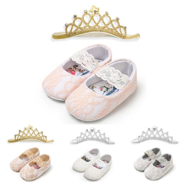 

2019 fashion and cute baby girls lace shoes with crown hairband cuty toddler first walkers kid shoe with charming design