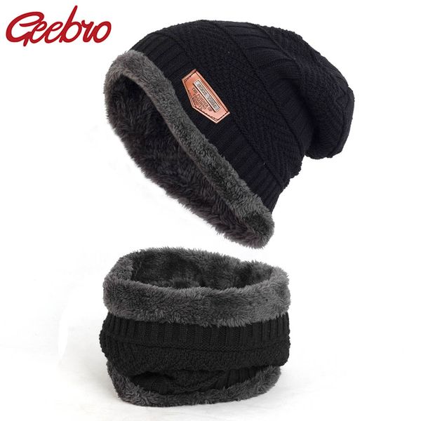 

geebro fashion neck warmer knitted hat scarf set fur wool lining thick warm beanies winter hat for men women cap skullies bonnet