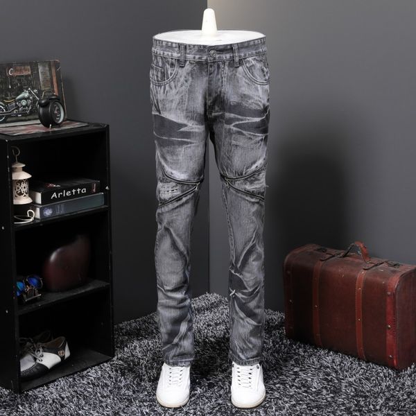 

2019 new fashion men's jeans zipper ripped hole fit straight man denim biker motor personal pants, Blue