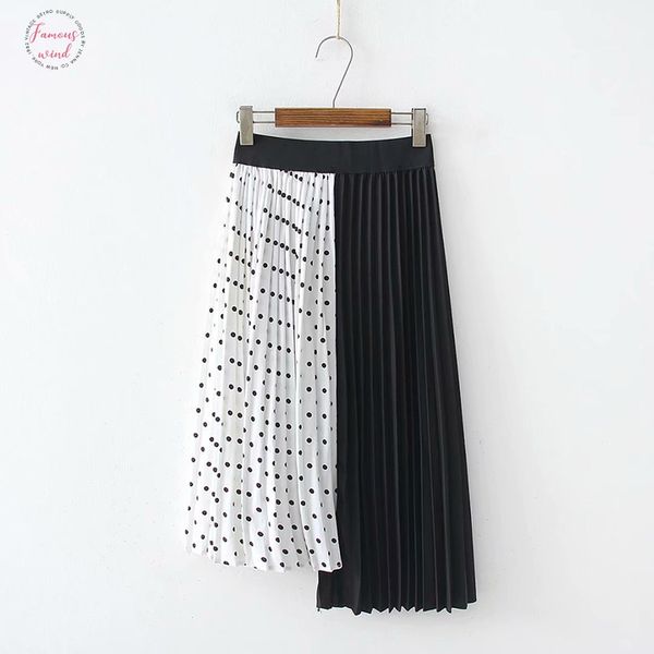 

patchwork dot print skirts women korean pleated skirts design summer long maxi skirts plus size elastic waist long harajuku, Black