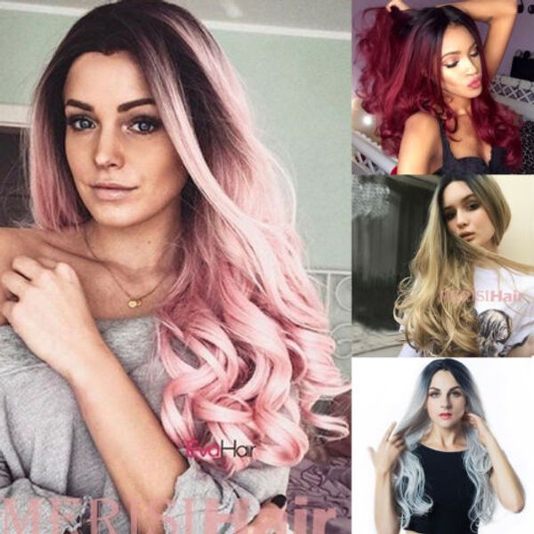 

Женщины длинной вьющейся Блондинки Ombre парики Синтетического парик волос Natural Full