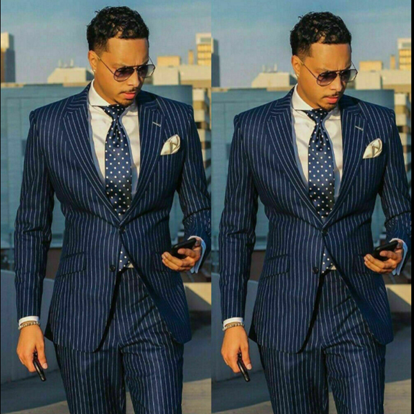 

men's suits & blazers navy blue mens polyester blend 2 piece (coat+pants) striped terno masculino business party wedding suit, White;black