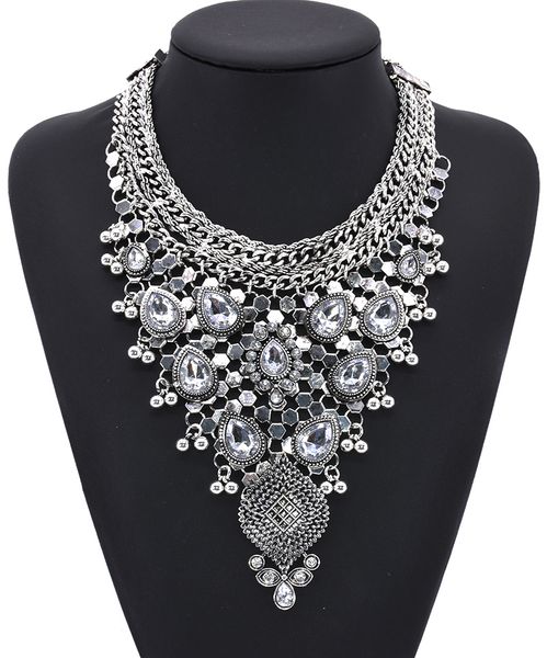 

2019 new antique crystal gem luxury bridal rhinestone vintage maxi statement necklace collar women bijoux accessory, Silver