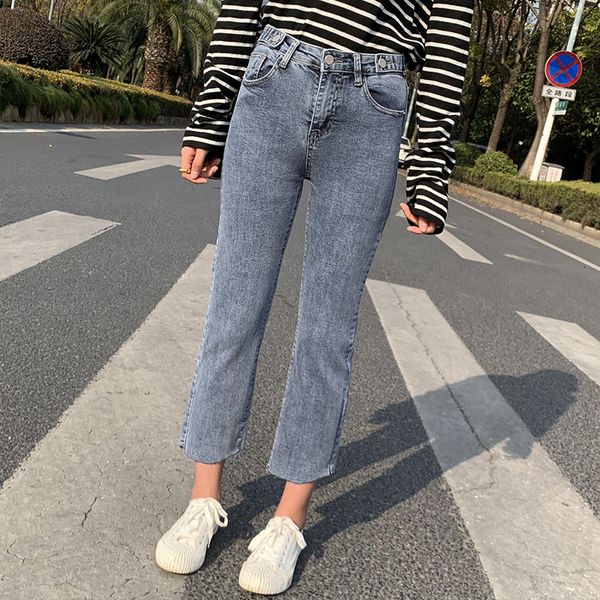 

2020 new women's jeans stretch nine points small straight bucket pants, Blue