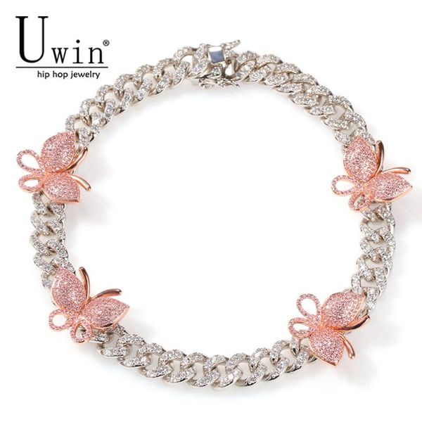 

uwin 12mm cuban pink butterfly necklace rose gold chain cz necklace bling bling hip hop jewelry for men women gift, Silver