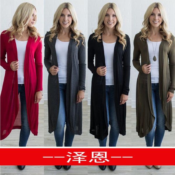 

selling women's solid color long sleeves versatile knit cardigan long jacket new style, Black