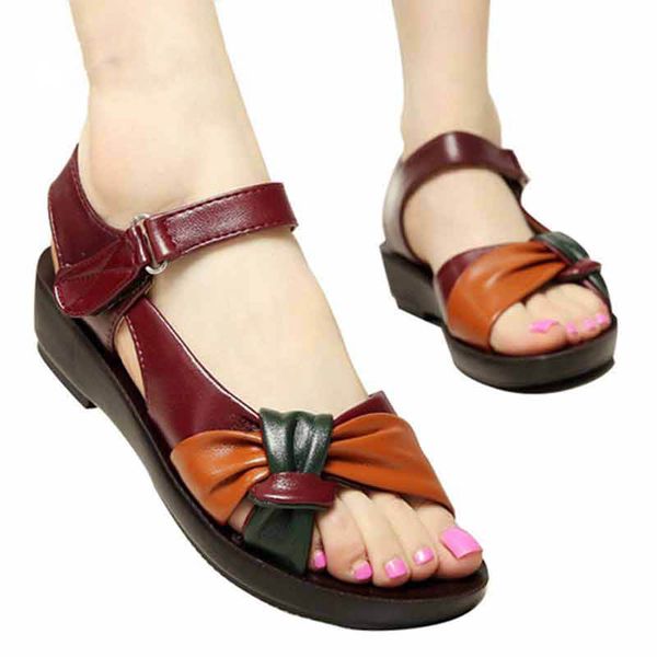 

summer genuine leather flat sandals women hook loop sandals mother butterfly knot soft ladies beach shoes, Black