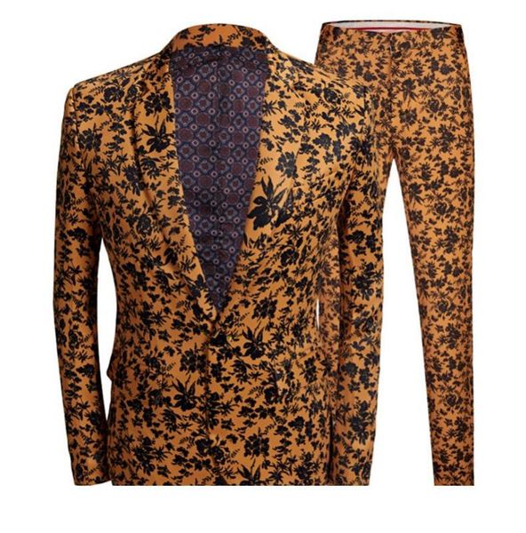 

yellow men print suit blazer set 2020 spring new slim fit casual coat banquet activity jacket wedding groom costume outfit 2 pcs, White;black