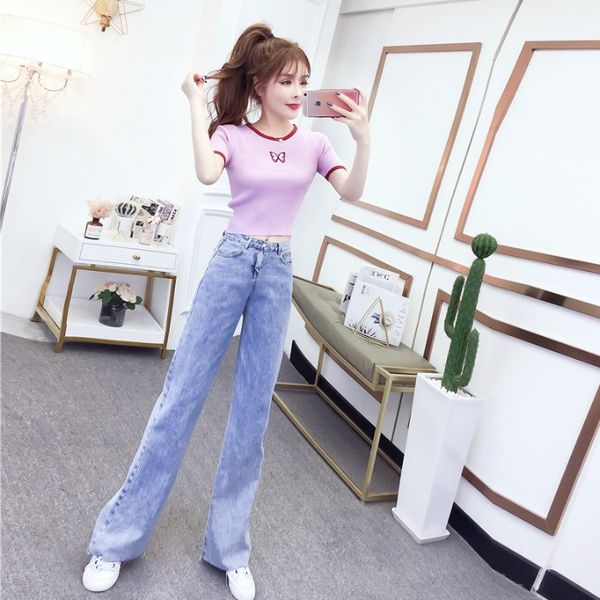 

women dreses2020 summer new embroidered short-sleeved t-shirt high waist slimming mopping jeans fashion foreign style two-piece set womens f, White