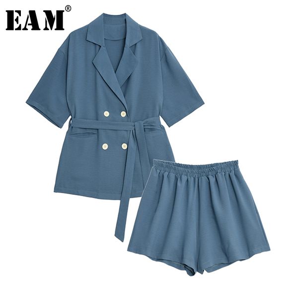 

eam] wide leg shorts two piece suit new lapel three-quarter sleeve blue loose fit women fashion tide spring summer 2020 1w1310, White