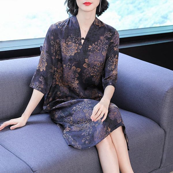 

spring fashion printed silk women dress 2019 new style summer seven-minutes sleeve work wear female elegant temperament dresses, Black;gray