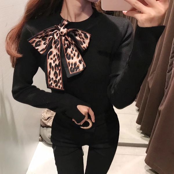 

autumn women sweater 2019 new female slim winter knitted sweater flare long sleeve knitting pullover bow lace up womens, White;black