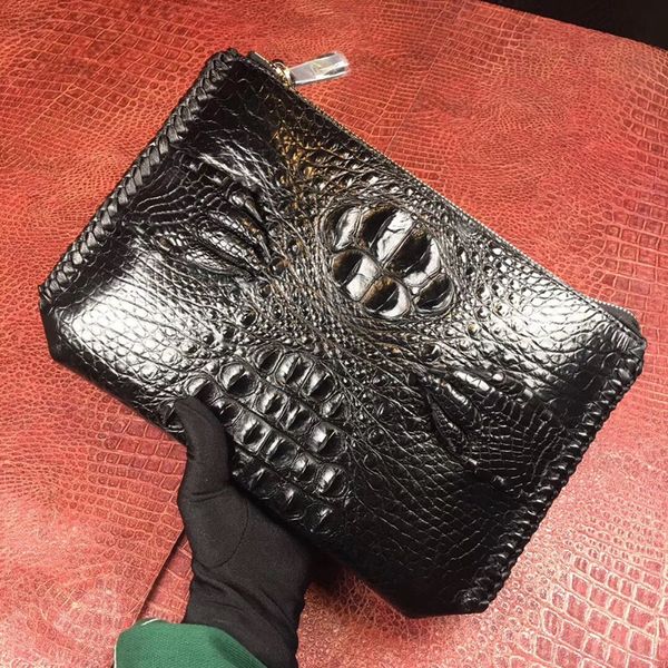 

genuine crocodile claw designer male thin clutches exotic alligator leather zipper closure knitted border men's wristlets purse
