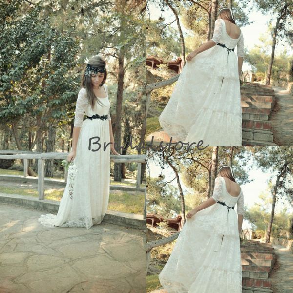 

fall lace bohemian wedding dresses with half sleeves square neck backless vintage boho wedding dress with black sash robe de mariée, White