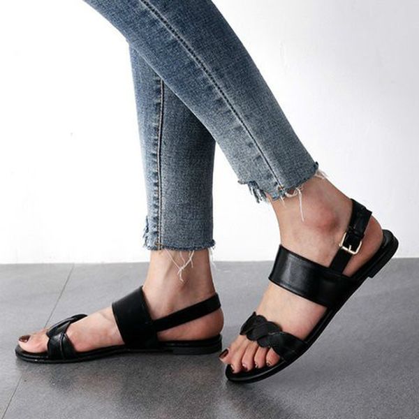 

women summer beach sandals flats casual shoes woman plus size pu leather open toe gladiator sandalias mujer sapato feminino d957, Black