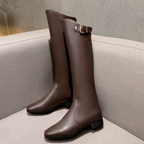 

2019 new winter shoes women's high boots cow leather superstar handsome metal buckle riding thigh high boots mujer, Black