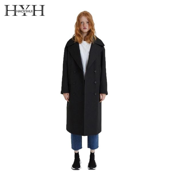 

hyh haoyihui classic loose large lapel single-breasted overcoat cuff plaid long woolen coat, Black