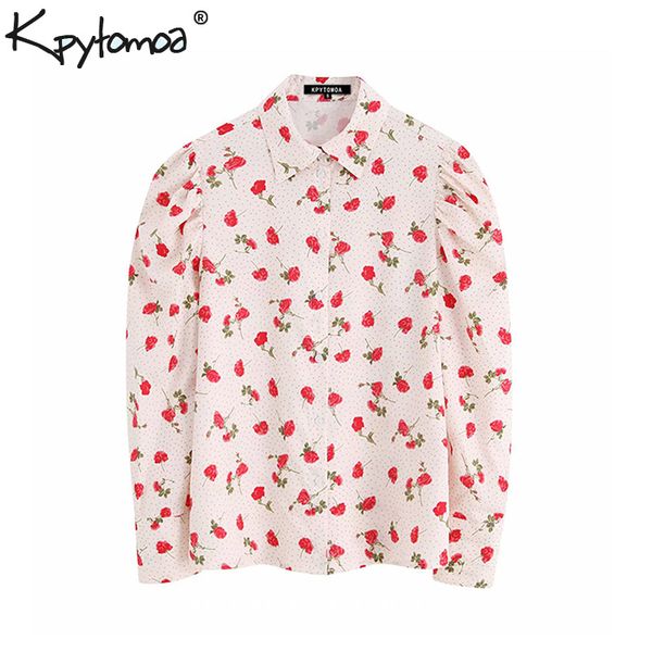 

vintage sweet floral print women blouses 2019 fashion lapel collar long puff sleeve ladies shirts casual blusas mujer, White