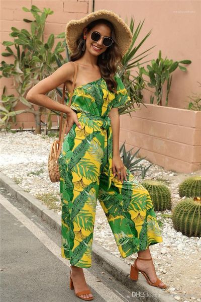 

одно плечо свободные женские комбинезоны сексуальные широкие ноги капри с поясами летние женские флора печатных комбинезоны отпуск, Black;white