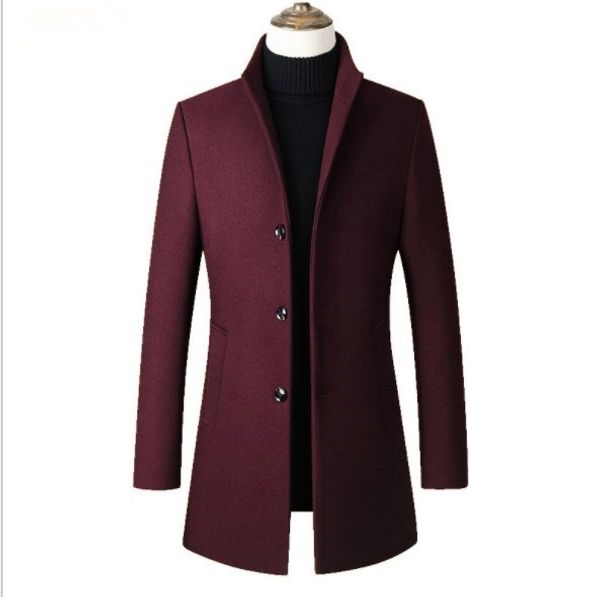 

new brand solid grey red mens wool trench coat autumn winter men woolen outwear stand collar black long windbreaker, Tan;black