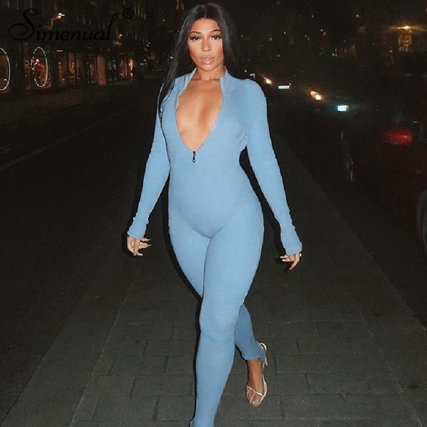 

simenual ribbed fitness active wear rompers womens jumpsuit zipper v neck fashion 2019 long sleeve workout sporty jumpsuits, Black;white