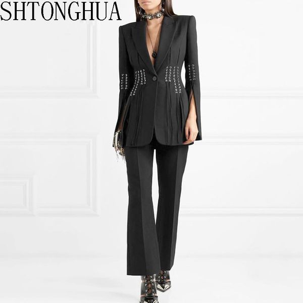 

shtonghuawomen's suit solid v neck long sleeves cross bandage blazer high waist wide-legged pants two piece set female 2019, White;black