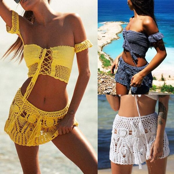 

2019 hand hook beach handmade beach skirt handmade lady hollow a word hip skirt, White;black