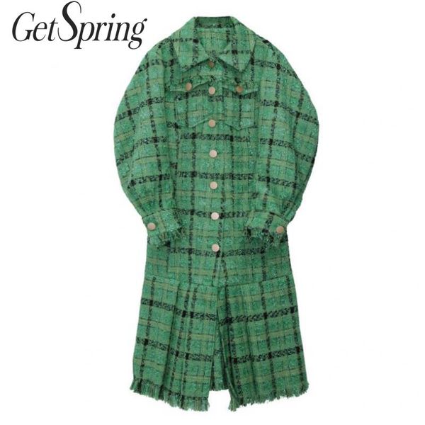 

getspring women woolen coat lantern sleeve women plaid woolen long coats tassel mermaid long winter coats jackets overcoat, Black