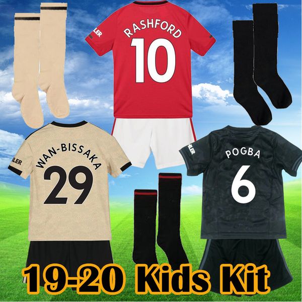 

kids manchester 2019 2020 pogba soccer jerseys with socks 19 20 rashford mata football kits lingard james youth boy utd chird shirt uniform, Black;yellow