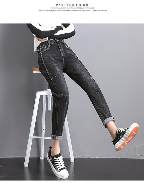 

black female jeans trousers eight hole hammer bead haroun pants of tall waist fat big yards, Blue