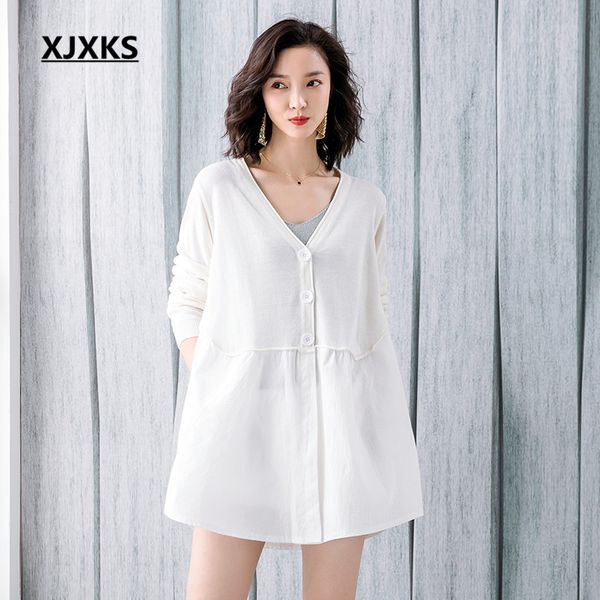 

women's knits & tees xjxks fashion v-neck stitching women long cardigan 2021 spring comfortable casual wool knitted sweater, White