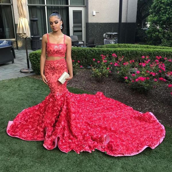 

floral pink two pieces mermaid prom dresses 2019 african black girl party gowns 3d rosettes prom gowns custom made