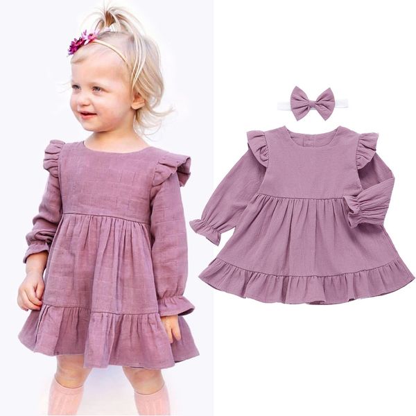 

kids autumn dress for girls elegant baby girls dress toddler kids solid ruffled casual princess dresses fall girls linen clothes, Red;yellow
