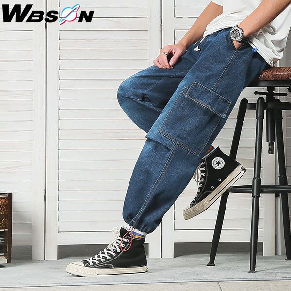 

wbson hip hop side pocket fashion cargo jeans high street blue denim jeans men loose straight wide leg cargo male nzk9121
